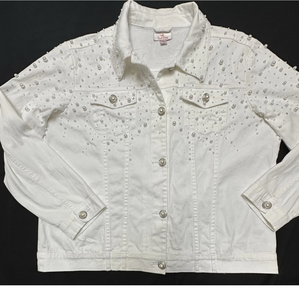 NEW QUAKER FACTORY LARGE DENIUM JACKET EMBELLISH RHINESTONE PEARL WESTERN COWBOY